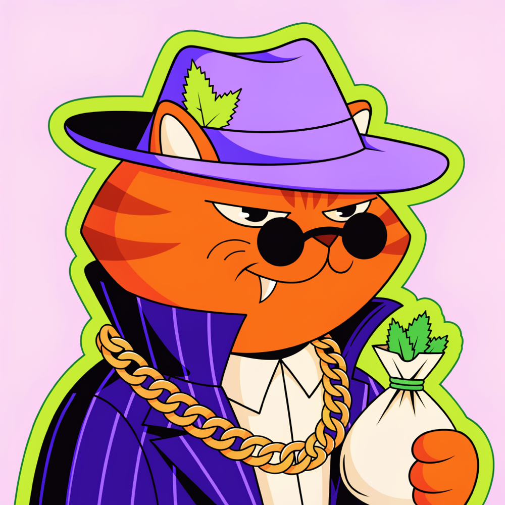 El Gato, the boss of the Catnip Cartel, an orange tabby cat in a purple fedora and pinstripe suit