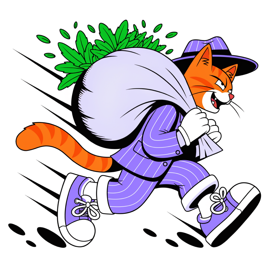A cat in a purple suit running with a sack of catnip